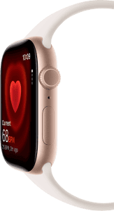 Smartwatch displaying heart rate data on screen.